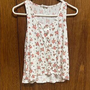 Pink Rose Floral Button-Down Tank Top - White and Red